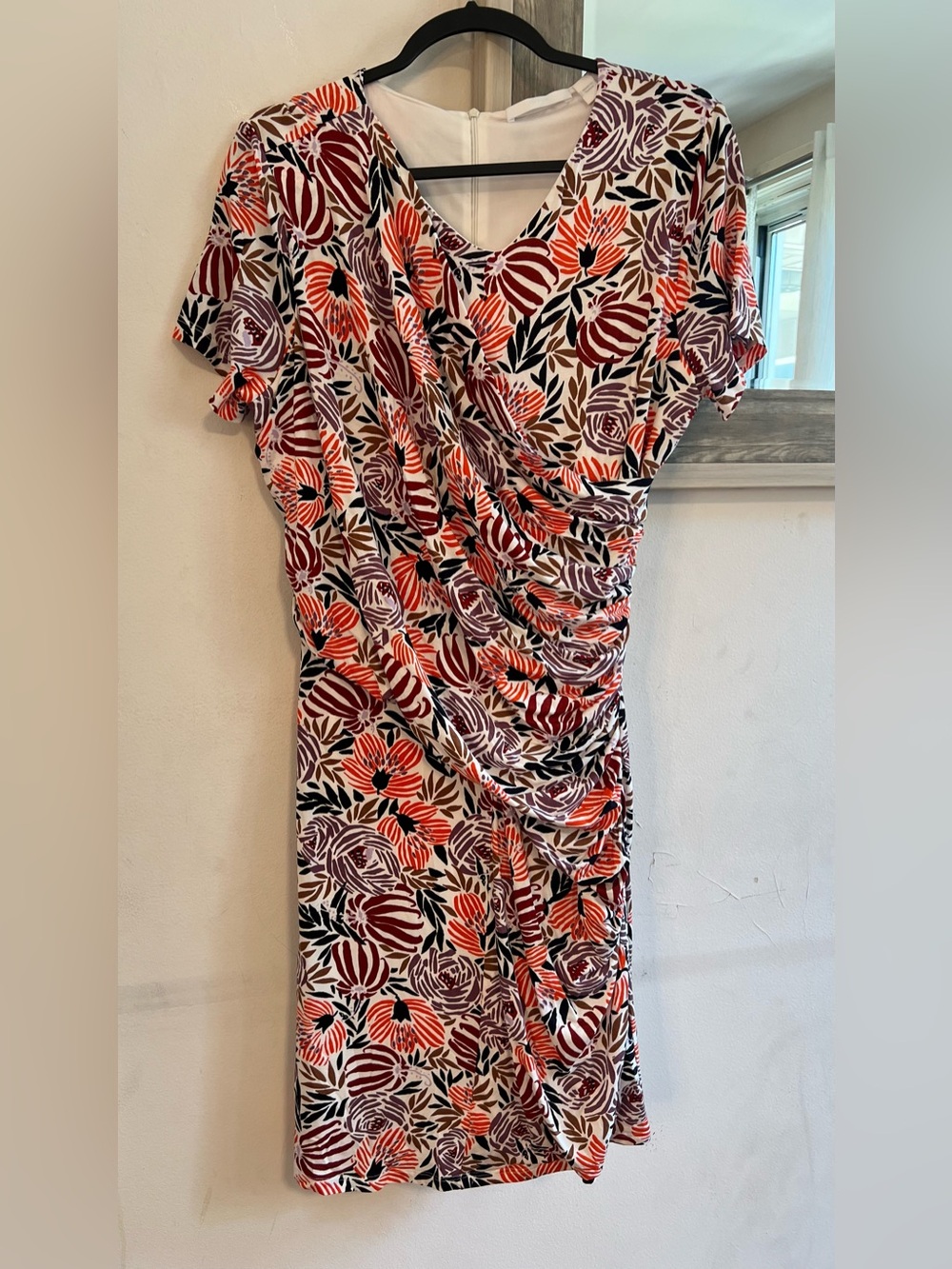 Boss Floral Ruched V-Neck Midi Dress - Red, Orange & Purple